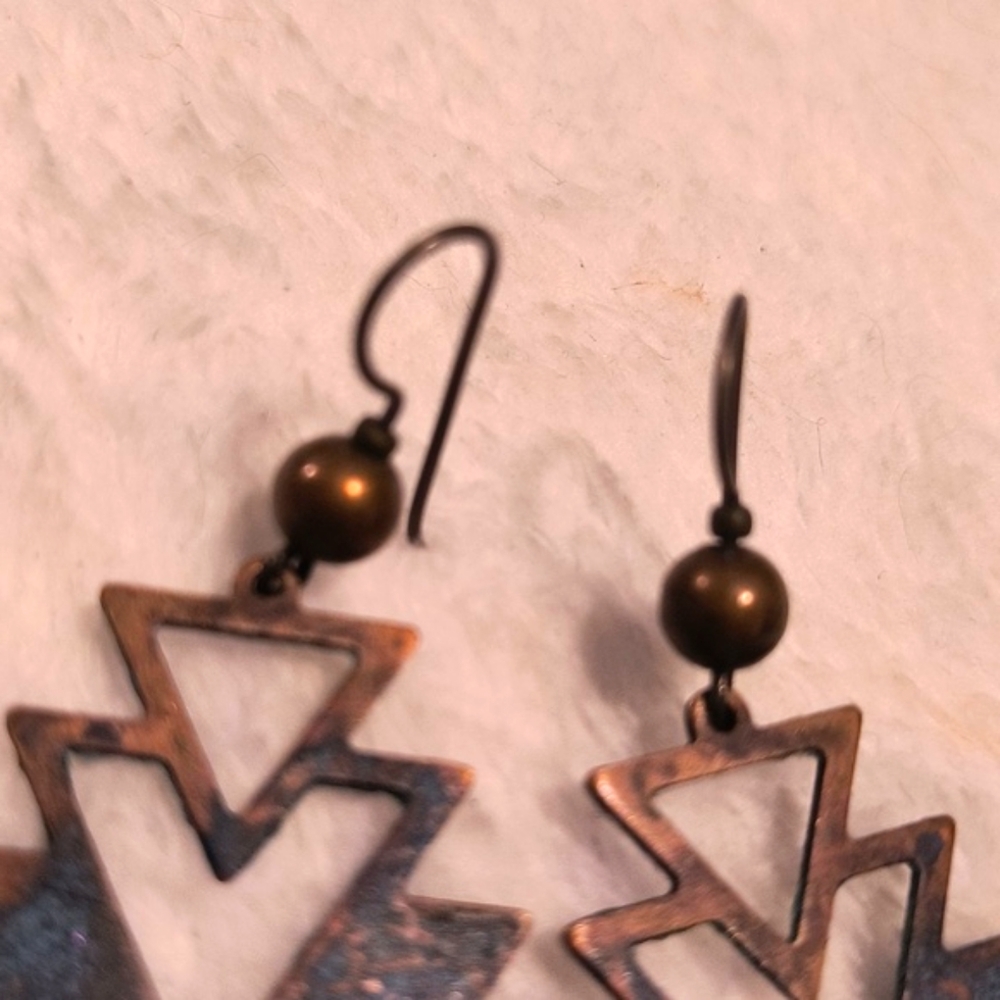 Aztec Bronze Geometric Earrings - Picture 3 of 4